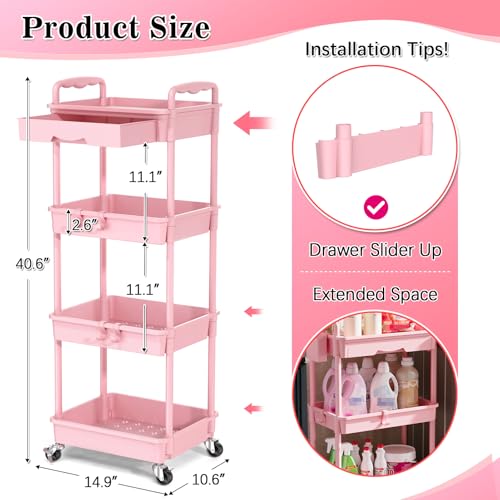 SUNALLY 4 Tier Rolling Cart with Drawer, Craft Storage Cart Organizer, Pink | Bathroom Storage Organizer with 2 Lockable Wheels, Rolling Utility Cart for Kitchen, Office, Baby, Makeup, Nail,Snack,Laundry - color: Pink, size: 4 Tier