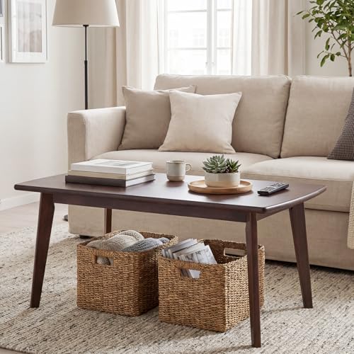 GOFLAME Solid Wood Coffee Table, 34.5" x 21" x 17" Mid-Century Modern Center Table with Storage, Curved Edges, Retro, Small Japanese Floor Table with Tapered Legs for Living Room, Apartment, Walnut