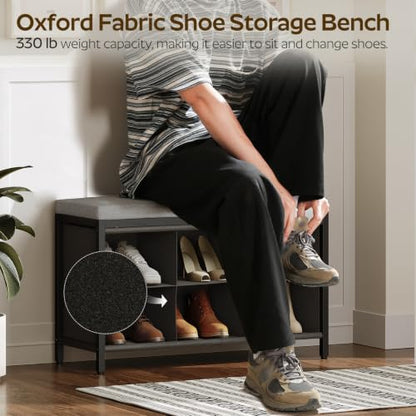 Shoe Storage Bench with Cushion, Entryway Bench, Shoe Rack with Padded Seat and 6 Oxford Compartments, for Closet, Bedroom, Entryway, Black and Gray HX01BK