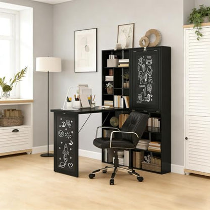 Foldable Wall Mounted Desk with Storage Shelves & Blackboard, Fold-Out Convertible Writing Table for Small Spaces | Space-Saving Floating Computer Desk for Home Office (Black) - color: Black