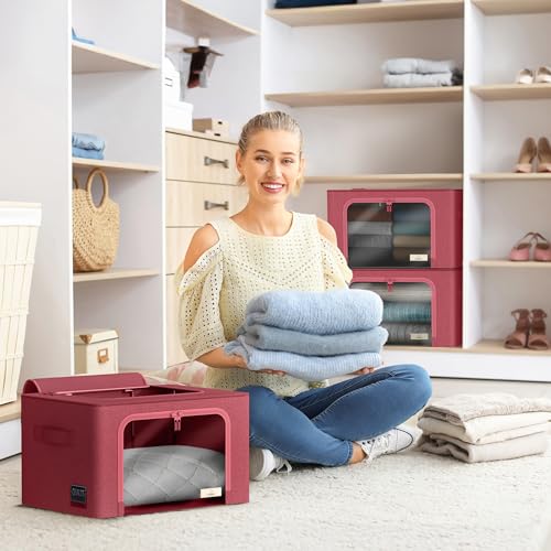 Sorbus Storage Bins with Metal Frame - Stackable & Foldable Clothes Organizer Bags - Oxford Fabric Storage Containers with Large Clear Window & Carry Handles Organization for Bedding Linen & Clothing - color: Pink, size: 4 Pack