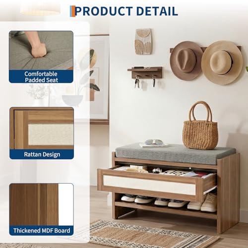 Rattan Drawer Shoe Bench with Soft Cushioned Seat for Hallway | Entryway Storage Shoe Stool - color: Caramel Oak