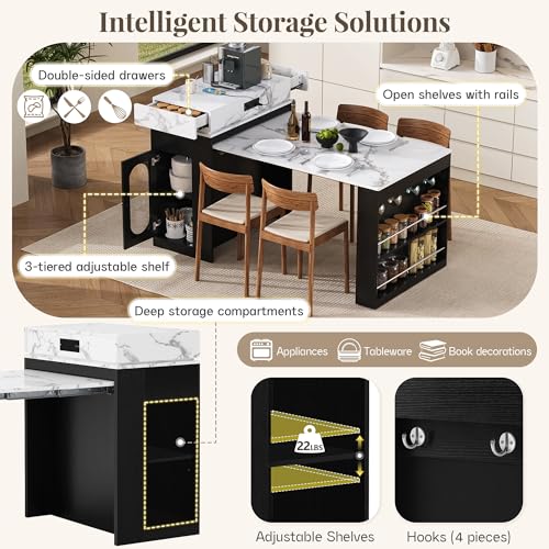 Extendable Dining Table with Folding Tabletop & Power Outlet, Modern Kitchen Island Sideboard with Wheels, Hidden Drawers & USB Charging, Sturdy Buffet Table for Small Spaces (Black) - color: Black