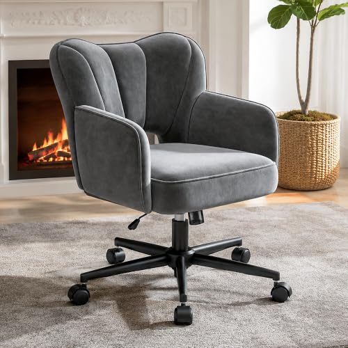 DurayLoly Desk Chair with Shell Back & 360° Swivel Wheels | Comfy Velet Vanity Chair,Adjustable Height,Stylish and Comfortable for Makeup, Work & Relaxation,Dark Grey - color: Dark Grey