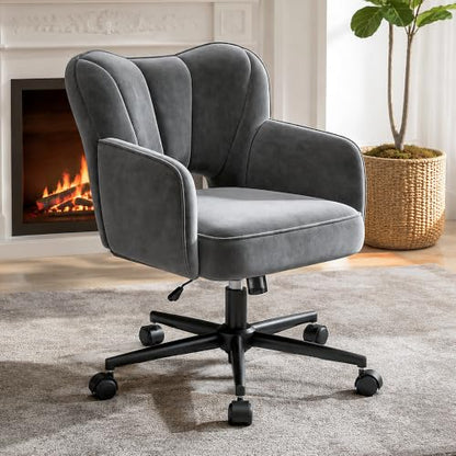 DurayLoly Desk Chair with Shell Back & 360° Swivel Wheels | Comfy Velet Vanity Chair,Adjustable Height,Stylish and Comfortable for Makeup, Work & Relaxation,Dark Grey - color: Dark Grey