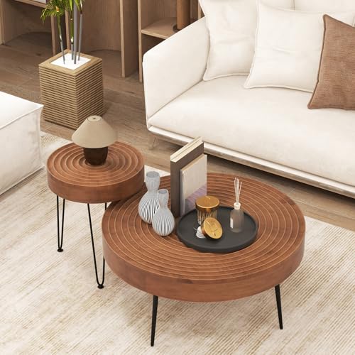 Giantex Boho Round Coffee Table Set of 2, Sofa Side Nesting Table with Solid Pine Wood Top, Metal Legs & Adjustable Foot Pads, 31.5" D Large Table Set for Living Room (Ring Pattern, Brown) - color: Brown, style: Ring Pattern