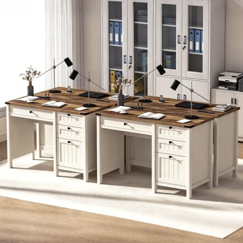 White Farmhouse Desk, 45" Desk with Outlets & File Drawer | At Home Office Desk with Built-in Charging Station, Full Extension Storage for Small spaces, Remote Workers & Students - color: White