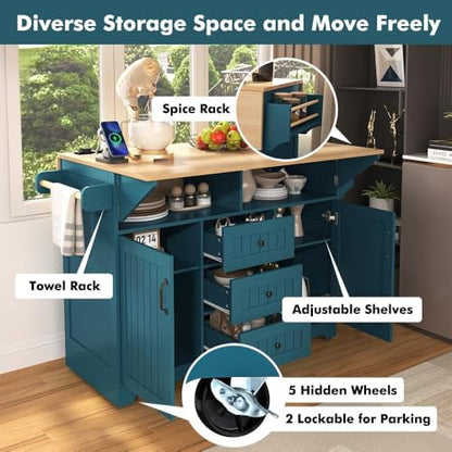 Kitchen Island with 2 Drop Leaf, Home Cart Island on Wheels Foldable Dining Table with Power Outlets,3 Drawers,Storage Cabinet, Tower Rack(Green) - color: Green