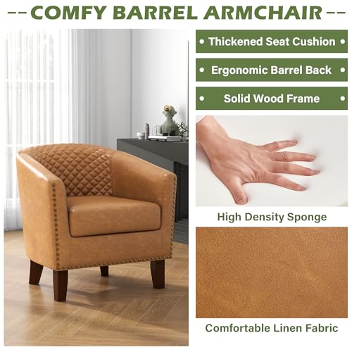 Faux Leather Accent Chair, Modern Barrel Club Chair, Coffee | Comfy Upholstered Armchair for Living Room, Round Club Chair Single Sofa Bedroom Reading Seat | 26"D*29"W*29"H - color: Coffee Brown