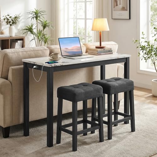COSTWAY 3-Piece Wooden Bar Table Set with Charging Station | Modern Counter Height Table, Faux Marble Top, 2 Padded Stools, Console Table Set for Living Room, Kitchen, Dining Room, White - color: White