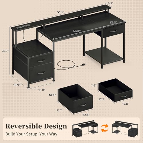 Korfile 55" Computer Desk with File Drawer & Printer Space, Black | LED Lights, Power Outlets, Reversible, 3 Adjustable Drawers, Monitor Stand, Home Office Desk for Work, Study, Writing - color: Black