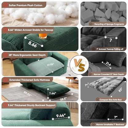 58" Sofa Bed with Ottoman, 3 in 1 Convertible Sofa Bed Folding Corduroy Boneless Sleeper Loveseat Mattress Futon Pull Out Couch Bed for Apartment Bedroom Living Room No Assembly 58-Green-L