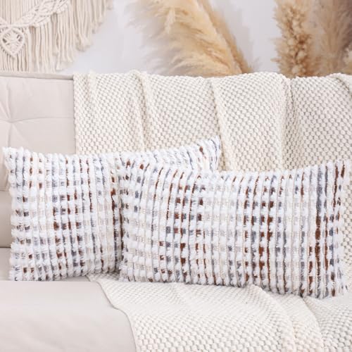 LUOYEHK Boho Throw Pillow Covers 12x20 Inch Set of 2 Farmhouse Neutral Pillow Covers Chenille Tufted Pillowcase for Couch Sofa Bed Living Room, Brown White - color: Brown White, size: 20" x 12" (Pack of 2)