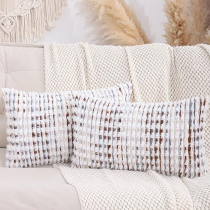 LUOYEHK Boho Throw Pillow Covers 12x20 Inch Set of 2 Farmhouse Neutral Pillow Covers Chenille Tufted Pillowcase for Couch Sofa Bed Living Room, Brown White - color: Brown White, size: 20" x 12" (Pack of 2)