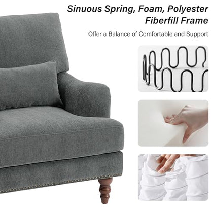 Mid-Century Modern Accent Chair with Lumbar Pillow, Grey, 1 Pack | Upholstered Chenille Armchair, Solid Wood Frame & Legs, Comfy Reading Lounge Sofa for Living Room Bedroom, & Small Spaces - color: Chenille Grey, size: 1 Seat