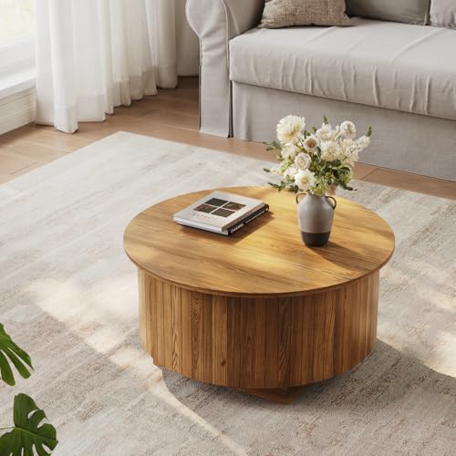 kepptory Round Lift Top Coffee Table with LED Lights, Mid Century Modern Wooden Coffee Tables with 3 Storage Space, Circle Center Table for Living Rooms,Dining Room,Bedroom Home Office,APP LED Lights - color: Walnut2