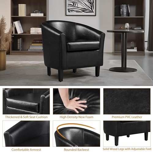 Yaheetech Accent Chairs Set of 2, Faux Leather Barrel Armchairs Black | Water-resistant Faux Leather Chairs with High-density Foam and Solid Wood Legs for Living Room, Waiting Room, Small Space - color: Black(faux Leather), style: without Ottoman