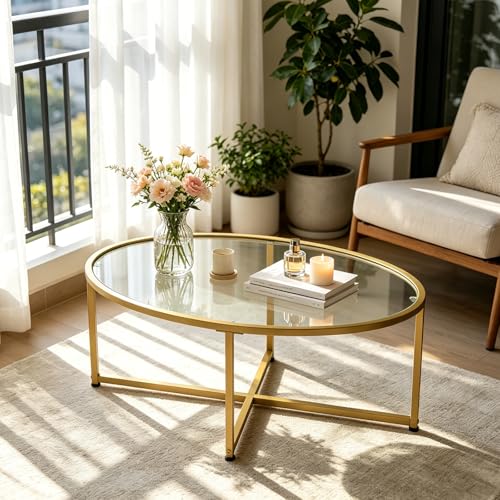 Wolawu Coffee Table Gold Oval Glass Coffee Tables for Living Room,Modern Gold Metal Frame Tea Tables for Small Space, Tempered Glass Top Center Table with Stable Cross Base for Bedroom, Office,Balcony - color: Gold Glass