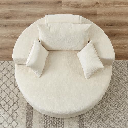 55" Oversized Round Chaise Longue Chair Indoor, Upholstered Chenille Circle Single Cloud Reading Sofa Chair Deep Seat Modern Boneless Sleeper Couch No Assembly Required, Beige - color: Beige, style: 55"Chenille