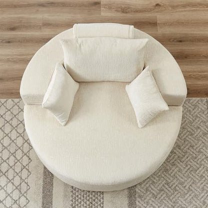 55" Oversized Round Chaise Longue Chair Indoor, Upholstered Chenille Circle Single Cloud Reading Sofa Chair Deep Seat Modern Boneless Sleeper Couch No Assembly Required, Beige - color: Beige, style: 55"Chenille