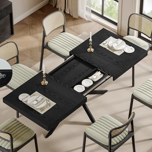 Extendable Dining Room Table for 4 6 8,55"-70" Kitchen Table Leaf,Black | Expandable Rectangle Dining Table,Wood Dining Table w/ Hidden Leaf & Storage, Space Saving, Kitchen Dining Living Room,Modern - color: Removable Leaf 55"-71" Black