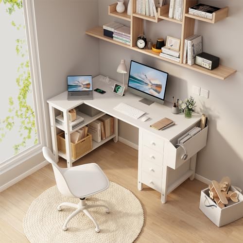 Lufeiya White L Shaped Computer Desk with Drawers & Storage Shelves, 47 Inch Corner Reversible Desk with Power Outlet for Home Office Bedroom, L-Shaped Teen PC Desks with Fabric Drawer, White - color: White, size: 47.2"
