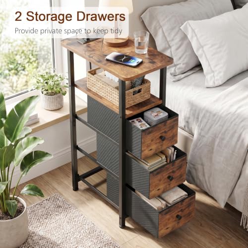 Narrow End Table with Charging Station, Small Nightstand | Skinny Side Tables Living Room with 3 Fabric Drawers, Slim Bedside Table for Bedroom, Small Spaces, Couch, Rustic Brown - color: Rustic Brown + Black, size: 27.55''H (3 Drawers), style: Power