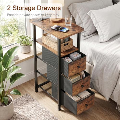 Narrow End Table with Charging Station, Small Nightstand | Skinny Side Tables Living Room with 3 Fabric Drawers, Slim Bedside Table for Bedroom, Small Spaces, Couch, Rustic Brown - color: Rustic Brown + Black, size: 27.55''H (3 Drawers), style: Power