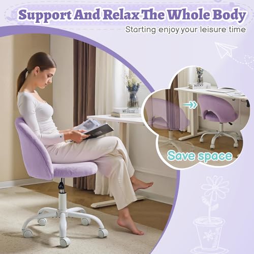 VINGLI Small Vanity Chair with Faux Fur Wheels for Girls,Cute Adjustable Height Armless Office Desk Chair,360°Swivel Comfy Rolling for Study,Make up Room,Small Space,Purple - color: Furry Purple