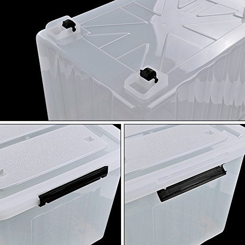 4-Pack 70 L Large Clear Storage Boxes, Plastic Latching Boxes | Extra Large Capacity, Secure Latch Lock Lids, Smooth Rolling Wheels, Multi-Purpose Storage Bin, for Closet Garage Basement - size: 70 L