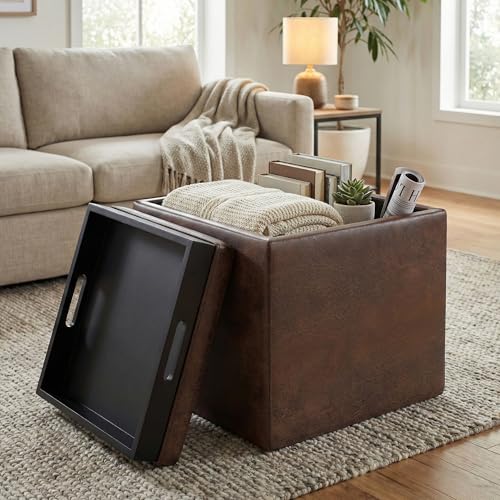 SIMPLIHOME Rockwood 17" Wide Boucle Fabric Storage Ottoman in Ivory Boucle | Distressed brown, contemporary ottoman with flip-over tray top and hidden storage; cube storage bench for living room. - color: Distressed Brown