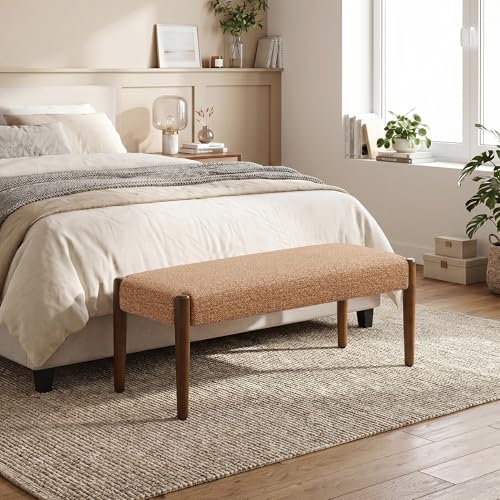 Usaint 42" End of Bed Bench with Wood Legs, Orange with Walnut Leg | Modern Upholstered Bedroom Bench with Rubberwood Legs, Entryway Bench with Cushion, Dining Bench for Living Room, Bedroom - color: Orange With Walnut Leg