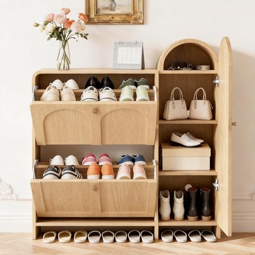 Arched Cabinet with Doors-Shoe Cabinet,Hidden Shoe Rack,Shoe Stand for Entryway Compact Shoe Storage in Oak Finishes,Mid-Century Style for Entryway - color: Oak, size: 35.43"D x 9.8"W x 37.4"H（Arched）