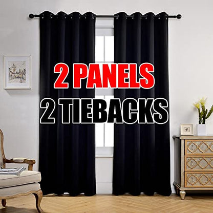 1 Pair Thermal Insulated Grommet 52-Inch-by-84-Inch Blackout Window Curtain Panels with 2 Tie Backs, Black - color: Black, size: 52"W x 84"L (Pack of 2)