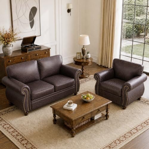 71"W Living Room Furniture Sets, Loveseat&Single, Brown | Faux Leather Fabric Sofa and Couch Sets, Mid-Century Loveseat and Sofa Set with Nailhead Trim - color: Brown, size: M-3 seat