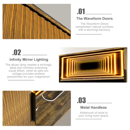 Lightdot 55" Fluted Small Amber TV Stand with Outlet & Fireplace Light | Media Console with Storage, Mid Century Cabinet Fits 55-65" TV, for Living Room/Bedroom/Sofa Cabinet,Easy Assembly - color: Amber-mirror/55"