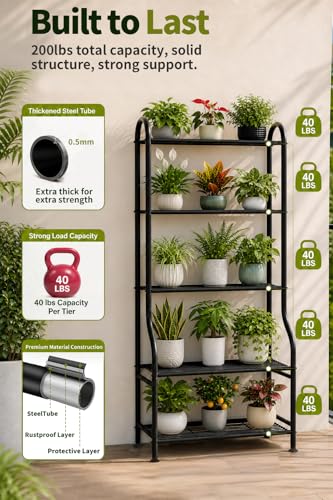 5-Tier Metal Plant Stand - Heavy Duty Indoor Outdoor Flower Shelf for Multiple Pots, 65" Tall Vertical Holder with Adjustable Leveling Feet & Wall-Fixing Kits, Black