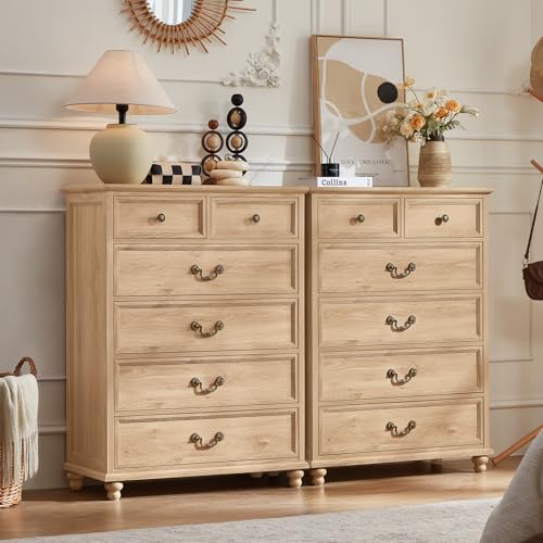 Joaxswe Farmhouse 6 Drawer Dresser Set of 2 for Bedroom, 42" Tall Rustic Chests of Drawers w/ 4 Solid Wood Feet, Mid Century Vintage Wooden Closet Storage Dressers Organizer for Living Room,Natural - color: Natural, size: 15.7"D x 31.5"W x 42.3"H (6 Drawe