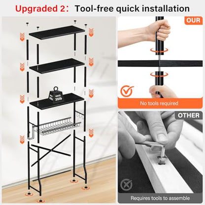 4-Tier Over-The-Toilet Storage Rack, Bathroom Organizer Shelf Over Toilet With Shelf Waterproof Feet Pad And Basket, Multifunctional Space Saver Bathroom Shelves Above Toilet for Room (Black) - color: Black