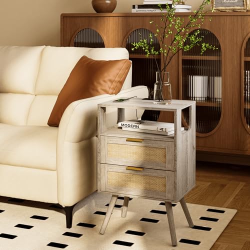 Rattan Nightstand with Charging Station,Farmhouse Bedside Table with 2 Storage Drawer and Open Wood Shelf, for Bedroom and Small Spaces,Night Stand with Solid Wood Legs (Grey Oak-Outlet) - color: Grey Oak-outlet