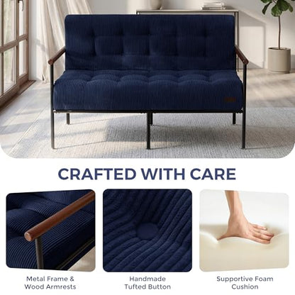 MAXYOYO Loveseat Sofa Chair, Love Seat, Sturdy Metal Frame, Wood Armrests | Button-Tufted Upholstery, Cozy Two-Person Seating for Modern Small Couches in Living Rooms, Bedrooms or Offices, Navy - color: Navy