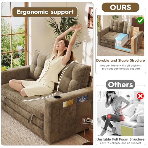 55" Convertible Folding Sofa Bed, Pull Out Couch Love Seat Sleeper Bed, Small Fold Out Loveseat sleeper with Cup Holder and Pillow for Small Space, Bedroom Lounge, Dorm, Living Room(Brown Chenille) - color: Brown