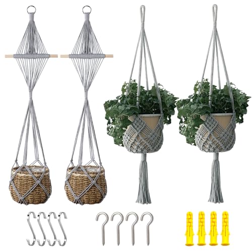 4 Pack Macrame Plant Hangers Indoor Up to 10 inch Pot, Boho Hanging Planters, Plant Holder with 8Pcs Stainless Steel Hooks (4Pcs Gray Hanger) - color: 4pcs Gray Hanger
