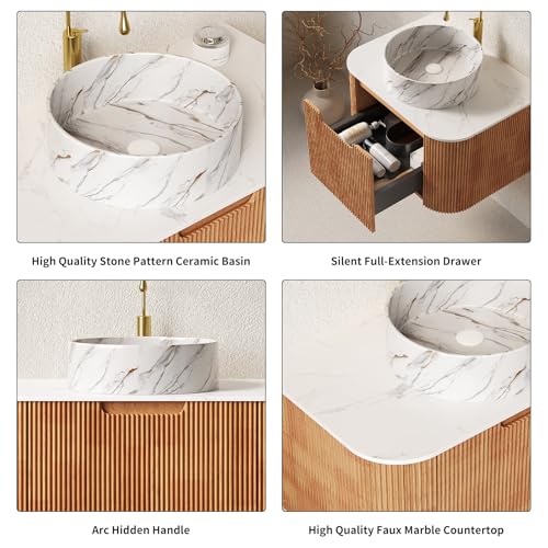 24” Floating Bathroom Vanity with Sink, Fluted Wall-Mounted Solid Wood Cabinet, Marble-Pattern Ceramic Round Basin, Faux Marble Top, Soft-Close Drawer, Pre-Assembled, Natural Woodgrain - color: 01 - Natural Woodgrain, size: 24"