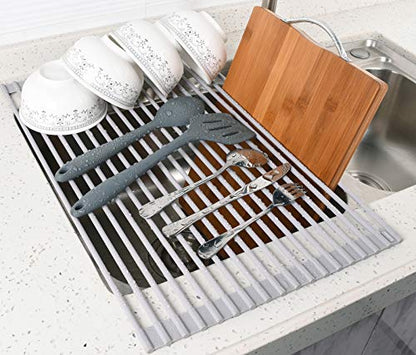 20.5 x 13.1 Inch Roll-Up Dish Drying Rack, Fits Across Sink Openings up to 19.5 Inches, Heavy-Duty Premium Silicone, Strong Support, Non-Slip, Heat-Resistant, Warm Gray - size: 20.5" x 13.1"