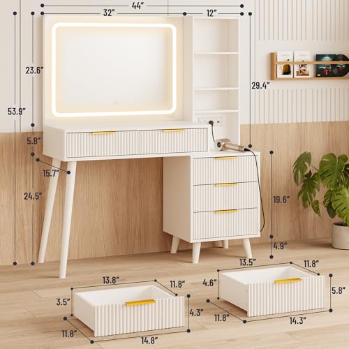 Vanity Desk with Mirror and Lights, Makeup Vanity Desk with Power Outlet, Makeup Desk with 5 Drawers&Storage Shelves, Vanity Table 3 Color Modes Adjustable Brightness Dressing Table Set for Bedroom - style: White Vanity with Power Outlet