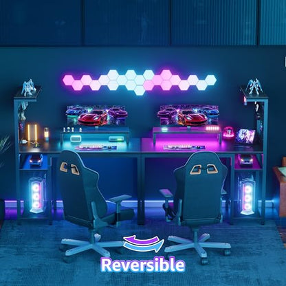 40 inch Small Gaming Desk with Pegboard Shelves Computer Desks with Led Lights Power Outlets PC Monitor Stand Reversible Storage Shelf Table for Bedroom Small Space, Black