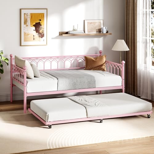 IDEALHOUSE Twin Size Metal Roll Out Trundle Bed Frame with Wheels and Slats Support, Pink | Pull-Out Trundle, Space-Saving, Metal Frame, Living Room, Bedroom, Apartment - color: Modern Pink, size: Twin Roll-Out Trundle