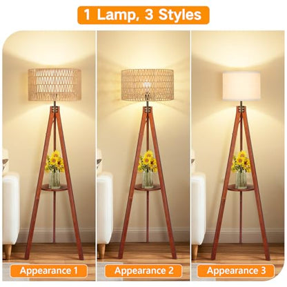 OUTON Boho Rattan Tripod Floor Lamp with Shelves, Remote Control, Dimmable Mid Century Modern Standing Lamp 58.5" for Bedroom, Living Room & Office, Lamp Shade Includes E26 9W Bulb, Walnut - color: Walnut & Rattan Shade