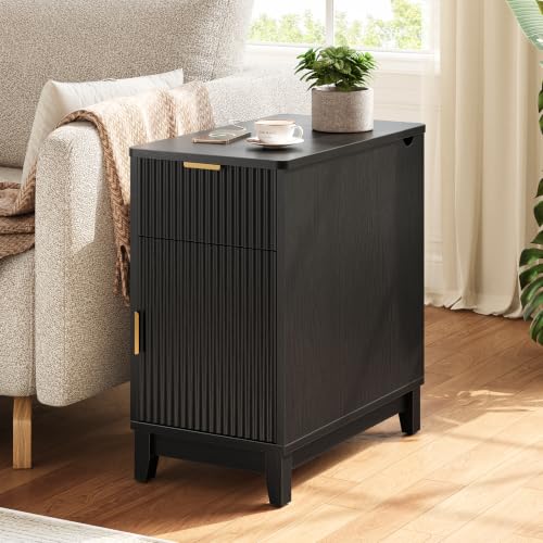 Yoobure End Table with Charging Station - Narrow Side Table for Living Room, Fluted Night Stand with Drawer and Storage Cabinet, Wood Nightstand with Adjustable Shelf for Bedroom Small Spaces, Black - color: Black